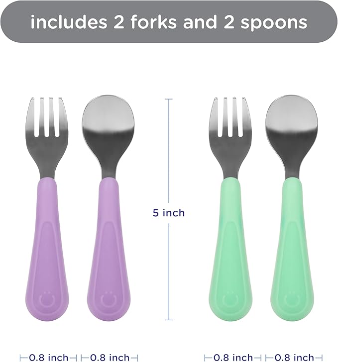 Ubbi Toddler Stainless Steel Fork & Spoon Set, 4-Pack – Silicone Easy-Grip Handles, Kids Self-Feeding Utensils, Baby-Led Weaning Essentials, Dishwasher Safe, Smoothie Purple & Sugar Snap Green