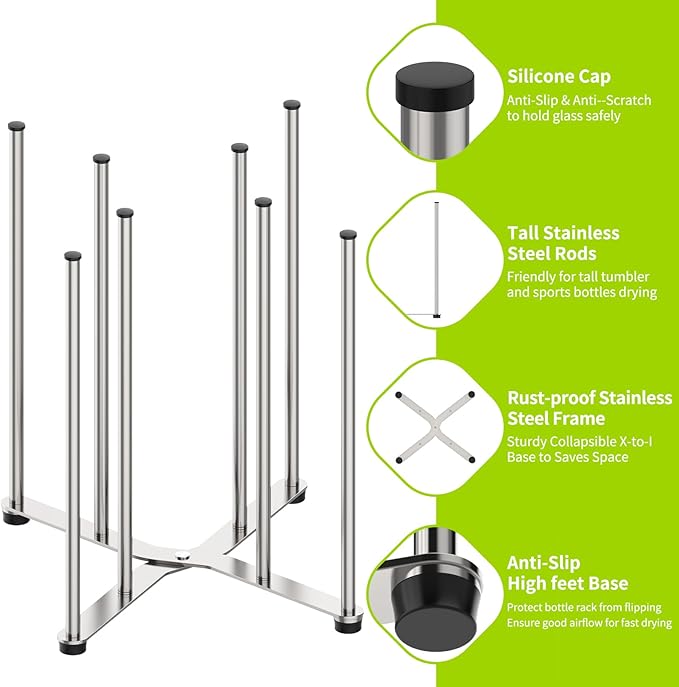 SHILFID Reusable Bag & Bottle Drying Rack, Baby Bottle Drying Rack, Collapsible Cup Drying Rack for Glass, Mugs -Stainless Steel Countertop Organizer
