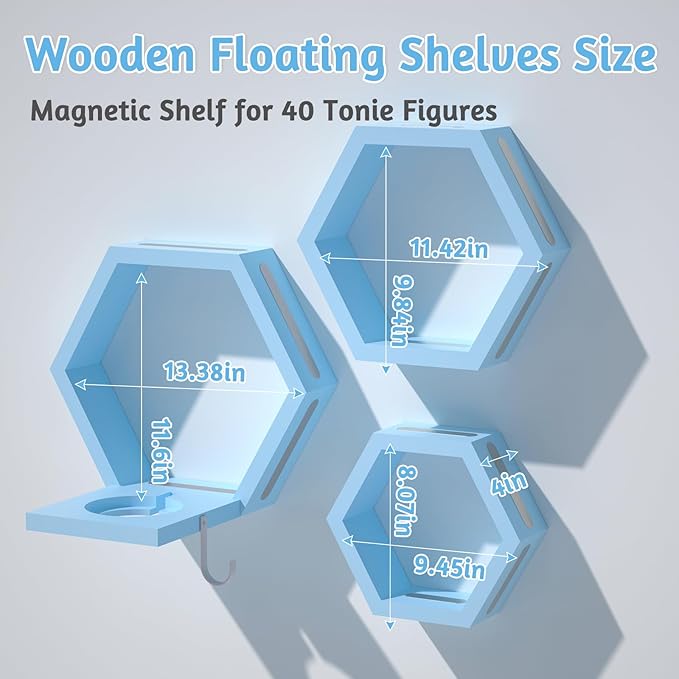 Hexagon Tonies Shelf Magnetic - Tonies Storage Shelf Set of 3 for Kid Room, Wooden Magnetic Display Shelf for TonieBox Holder, Wall Floating Shelves Toy Storage Compatible with Tony Accessories(Blue)