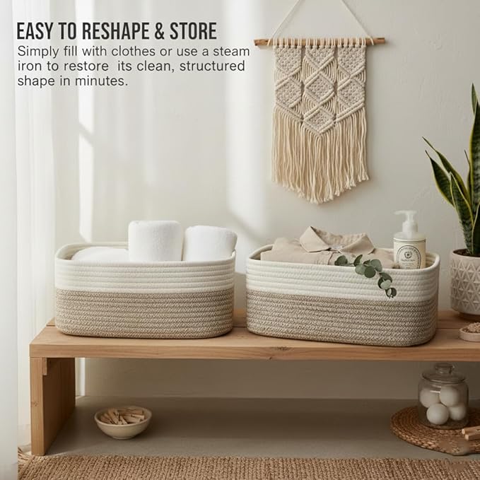 Storage Baskets for Organizing 3 Pack, Woven Baskets for Storage 15"x11"x5.1", Shelf Basket Closet Basket Empty Gift Baskets Woven Storage Bins, White & Mixed Brown