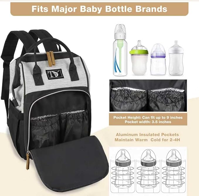 Packino Diaper Bag Backpack for Women - Multifunction Travel Essentials Baby Diaper Bag with Changing Pad, Large Backpack Baby Girl Boy, Insulated Bottle Holders & Stroller Straps (Black+Gray)