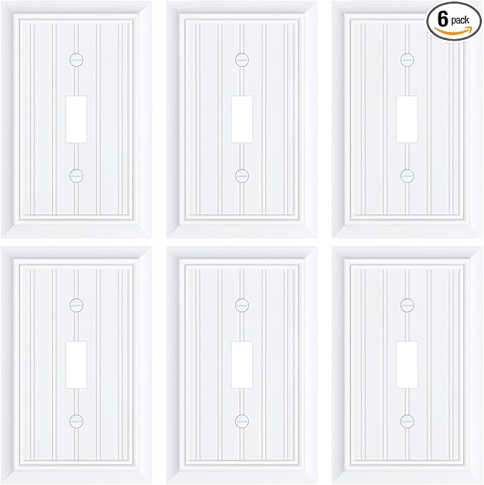 6-Pack Classic Beadboard Single Toggle Light Switch Cover Plate, Durable Natural Bamboo Fiber Decorative Switch Plate Covers, Pure White 1 Gang Wall Plate