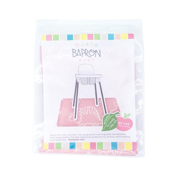 BapronBaby Dino Friends Blush Splash Mat - Waterproof Catch-All for Under High Chairs, Floors, Tables, Playtime or Arts & Crafts - Machine Washable - 45" x 45”