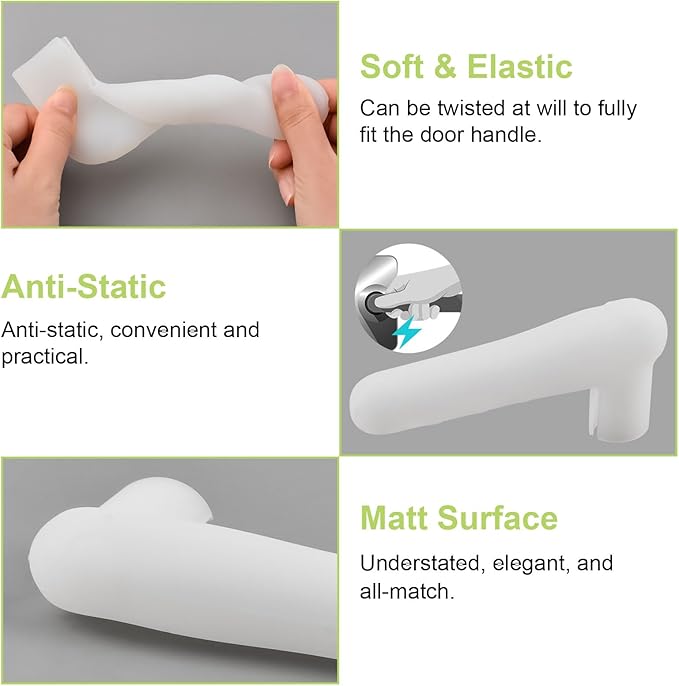 Door Handle Covers, 2Pcs Transparent White Silicone Door Handle Glove Covers Door Knob Covers Anti-Slip Door Lever Protectors with Anti-Collision Adhesive Strip for Flat Square Door Levers