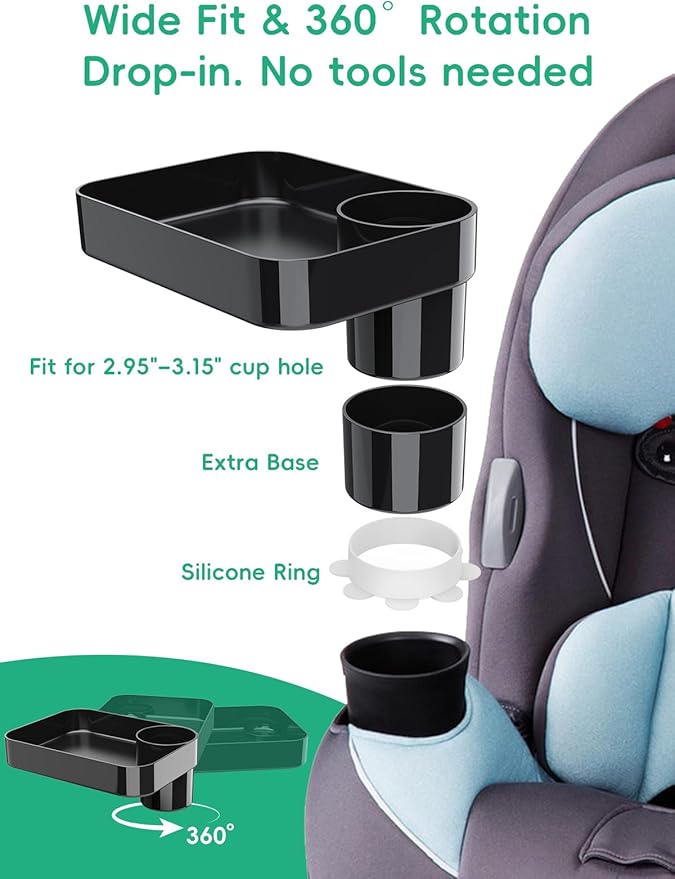 2PCS BBSDA Car Seat Cup Holder Snack Tray for Kids, Reduces Mess, Detachable Large Base & Adjustable Ring, Carseat Tray for Toddler, Car Seat Food Tray Table for Kid Travel Road Trip Essentials