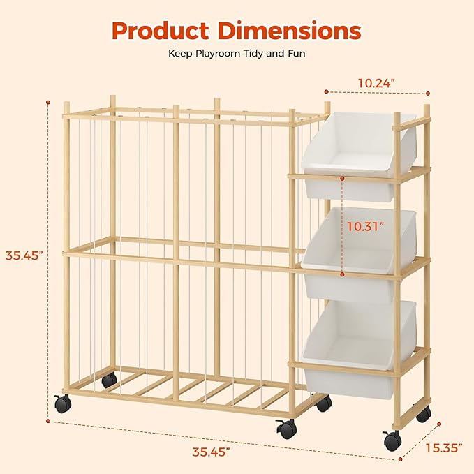 Toy Storage Organizer with 3 Removable Bins, Kids Storage Toy Shelf Organizer for Stuffed Animal Holder for Bedroom Playroom Nursery | Wood & White