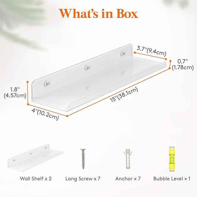 Lifewit Floating Shelves for Bathroom, 15" Clear Wall Organizer for Makeup, Perfume, Figures, Photo, Decor Shelf for Nursery, Living Room, Bedroom, Kitchen, Over Toilet Storage Rack, Clear, 2 Pack