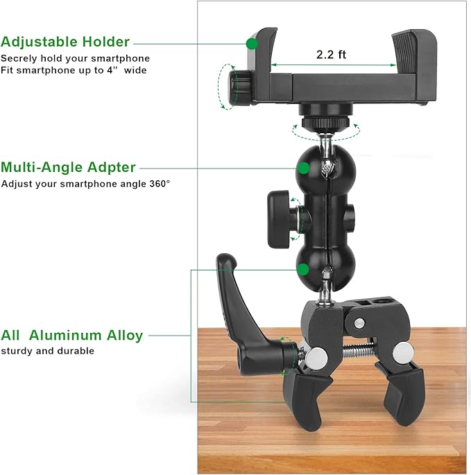 iTODOS Cell Phone Holder Mount Clip for Golf Cart,Wheelchair Walker,Stroller,Spin Bike, Table, Clamp Fits iPhone,Galaxy, Nexus,Most Phones and GPS up to 4" Wide,Aluminum Alloy Material