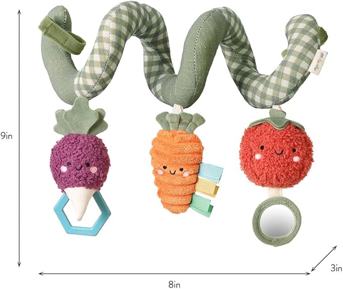 Itzy Ritzy Spiral Car Seat & Stroller Activity Toy - Stroller & Car Seat Toys for Ages 0 Months and Up - Hanging Toys Include Dangling Ring, Mirror and Textured Ribbons (Veggie)