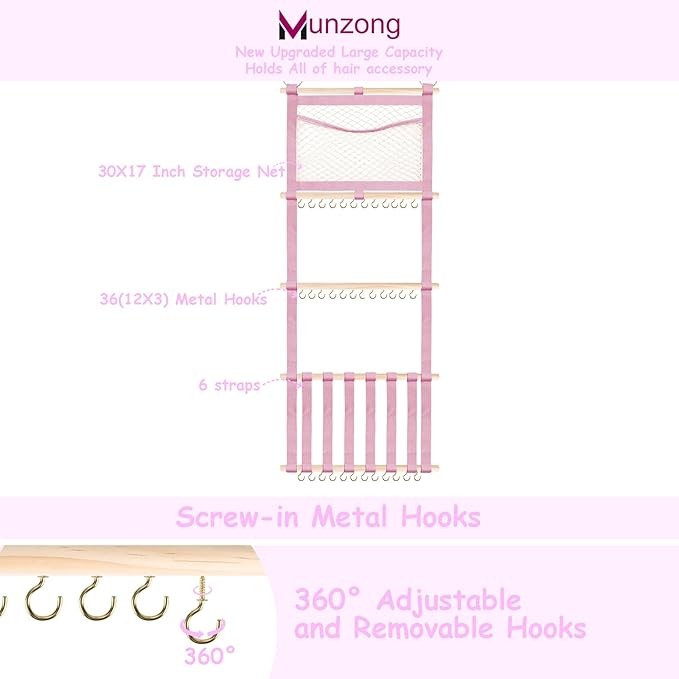 Munzong Headband Holder 52x17 inch, Pink Hair Bow Clip Organizer for Baby Girls, 4 Tier Wall Hanging Headband Shelf w/Mesh Bag, Large Nursery Hair Accessories Storage Hanger for Toddler Women