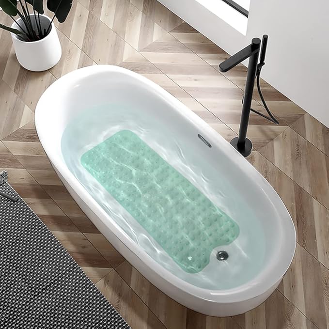 Linoows Bathtub and Shower Mats, Extra Long Non-Slip Bath Tub Mat 39 x 16 Inch, Machine Washable Bathmat with Suction Cups & Drain Holes for Bathroom Floor, Pale Green