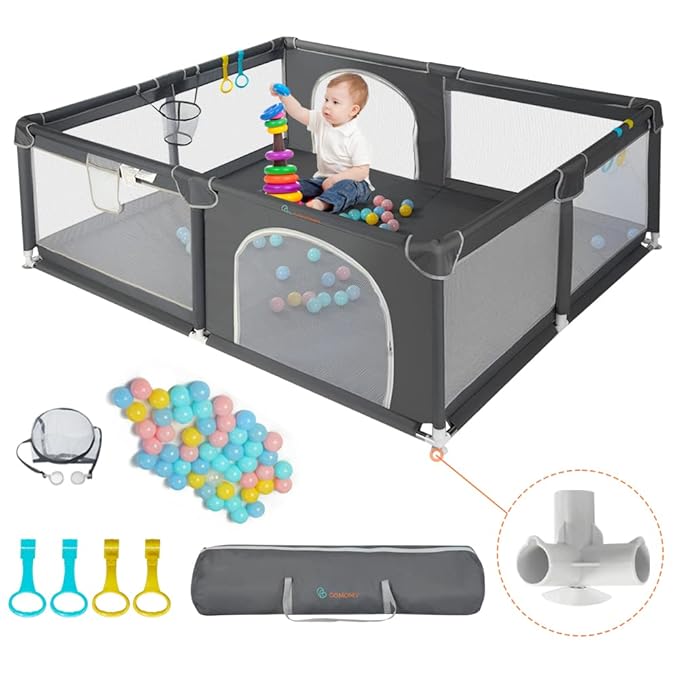 COMOMY Playpens for Babies and Toddlers, 79"x79" Baby Playard Extra Large, Safe and Non-Slip Baby Fence, Full Mesh Design, Indoor & Outdoor Kids Activity Center, Play Pens (Dark Grey)