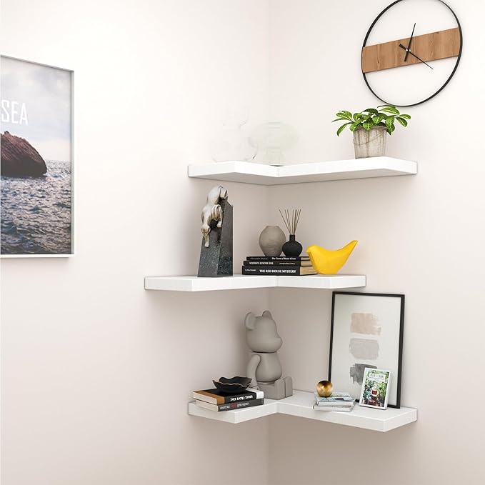 NATURE'S SOURCE Floating Corner Shelves with Invisible Brackets Set of 3, Corner Shelves Wall Mounted, for Home Bedroom Bathroom Kitchen Living Room Office- 16.6" x 11.5" (Pure White)