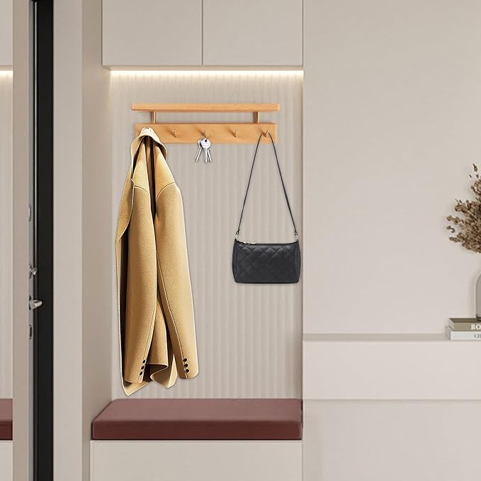 Mayhas Solid Wood Shelf with Hooks, 15 inch Coat Rack Wall Mount, Shelves with 5 Brass Hooks for Hanging in Entryway, Living Room, Bathroom, Bedroom, Kitchen(Beechwood)