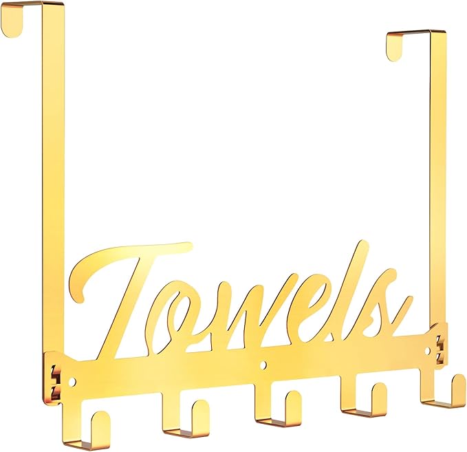 Azmoncy Over The Door Hooks, Towel Rack Towel Hooks for Bathroom, Towel Holder for Hanging Heavy Duty, Door Rack Over Door Hanger with 5 Coat Hooks for Bedroom Bathroom Kitchen（Light Gold）