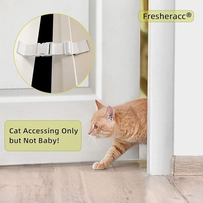 Child Proof Door Lock Latch with Adjustable Strap for Cat Litter Box Room, Cats Enter Easily But No Kids (2 Packs) Reusable Baby Safety Lock, Install in Seconds On Door Frame Only (White)