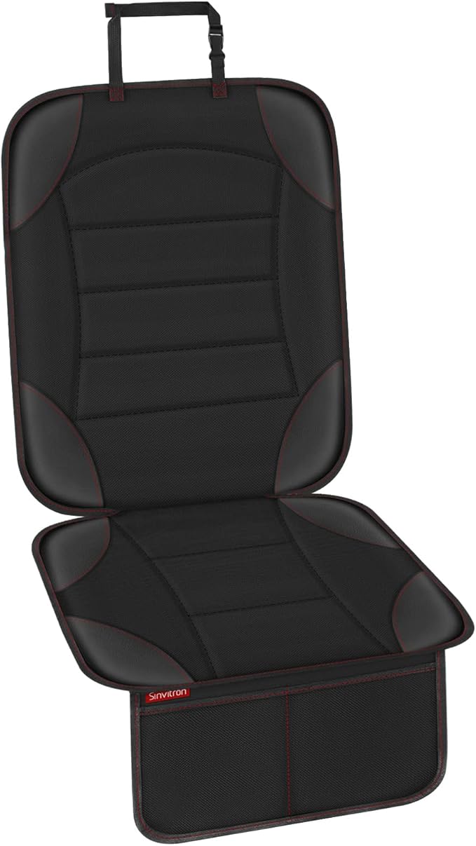 Sinvitron Car Seat Protector for Child Car Seat - Waterproof Non-Slip Leather Mat with 2 Mesh Pockets, Universal Seat Cover for Baby, Pets & Vehicles (1-Pack, Black)