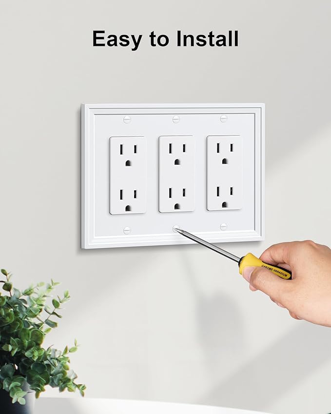 2-Pack Triple Decorator Outlet Cover Plate, White Decorative Switch Plates and Outlet Covers, Natural Bamboo Fiber Wall Plates for Electrical Outlets, Receptacle, GFCI Outlet, Dimmer Switch