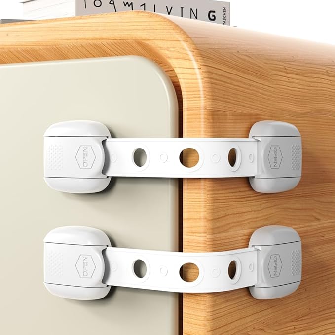 Child Safety Strap Locks (6 Pack) Baby Locks for Cabinets and Drawers, Toilet, Fridge & More. Adhesive Pads. Easy Installation, No Drilling Required, White/Gray (White, 6 pcs (Pack of 1))