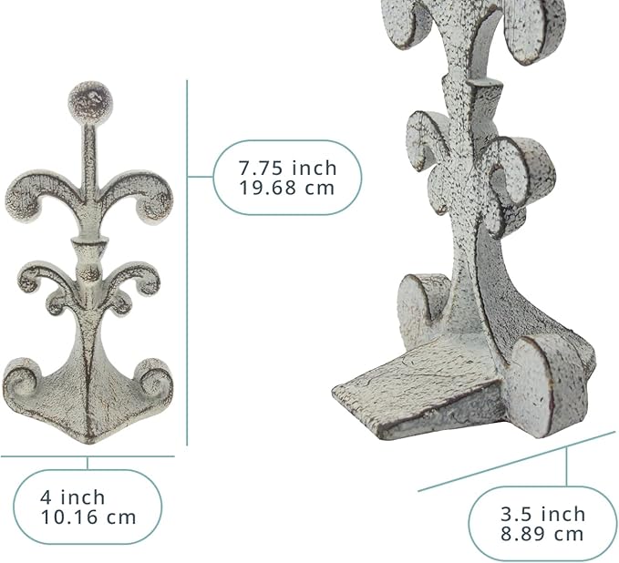 Comfify Fleur De Lis Cast Iron Door Stop – One Decorative Wedge with Felt Bottom – Rustic White Antique Finish – 4" x 3.5" x 7.75"