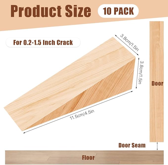 10 Pcs Wooden Door Stoppers, Non-Slip Wedges for Bottom of Door, Triangle Blocks for Chair Caning, Firefighter Door, Home, Office