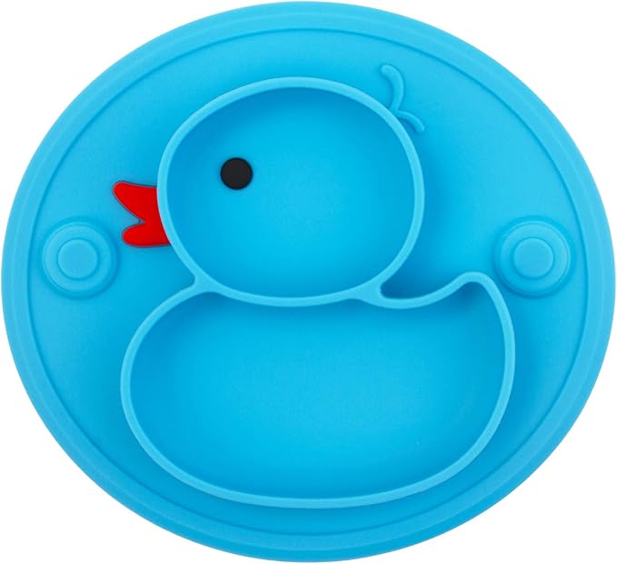 Linowos Baby Divided Plate Silicone- Portable Non Slip Child Feeding Plate with Suction Cup for Children Babies and Kids BPA Free Baby Dinner Plate Microwave Dishwasher Safe … (Duck-Blue)