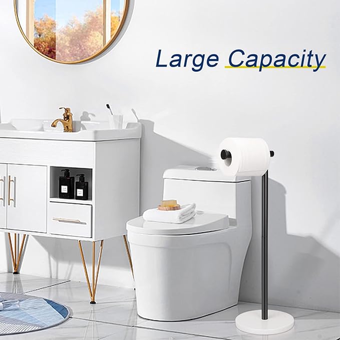 NearMoon Bath Toilet Paper Holder Stand- Modern Tissue Roll Holder Standing with Balanced Base, Rustproof Toilet Roll Holder for Bathroom/Kitchen Countertop (Matte Black, Marble Base)