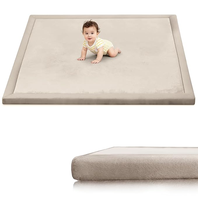 Ultra Soft Baby Play Mat for Floor, 59"×71" Playpen Mat, 1.3" Thick Memory Foam, Non-Slip Tummy Time Mat for Infants, Toddlers, and Kids – Water-Repellent Coral Velvet, Easy Care