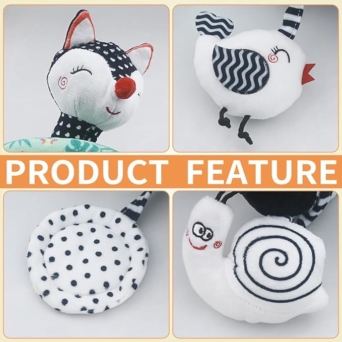 Baby Stroller Arch Toys, Black and White Hanging Toy Activity Set, Stretch & Spiral Adjustable Clamp for Cribs & Car Seats, Includes Rattles, Squeaker & Teether for Newborns and Infants (02)