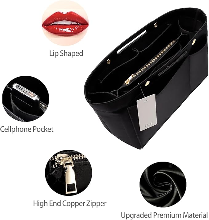 ZTUJO Purse Organizer Insert For Handbags, Silky Bag Organizer With 2 Zippers For Speedy Neverful Tote and More (Black, Small)