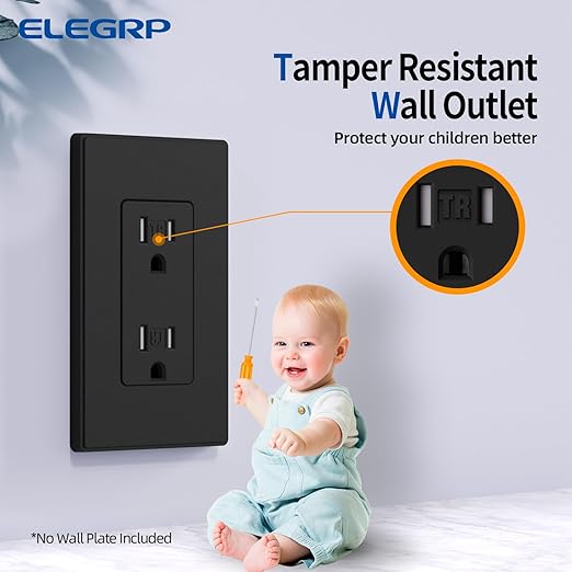 ELEGRP Matte Black Decorator Wall Receptacle Outlets, Tamper Resistant 15 Amp, Standard Electrical Wall Outlet, Residential Grade, Self-grounding, 125V, 2 Pole 3 Wire, 5-15R, UL Listed, 50 Pack
