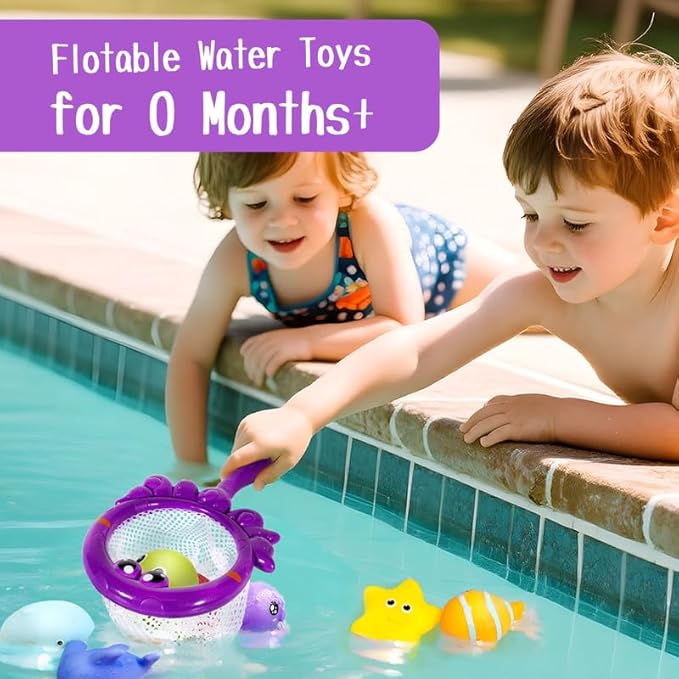 No Hole Bath Toys for Kids Ages 1-3, 8 Pcs Ocean Bath Toys with Storage and Net, Sealed & Squeezable & Float on Water