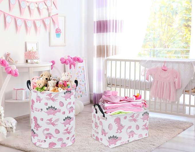 Sanjiaofen Rectangular Pink Baskets,Dinosaur Basket Cute Storage Basket Organizer for Kids Room Dinosaur Decor ,Clothers,Toys Box,Books,Kid's Gifts Storage. (Pink Dinosaur)