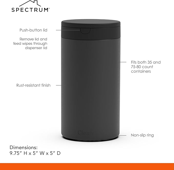 Spectrum Disinfecting Wipes Container Large Black Refillable Stainless Steel Wipe Holder for Bathroom Kitchen Classroom, Reuseable Push Button Wet Wipe Dispenser for Disinfect Cleaning Countertop