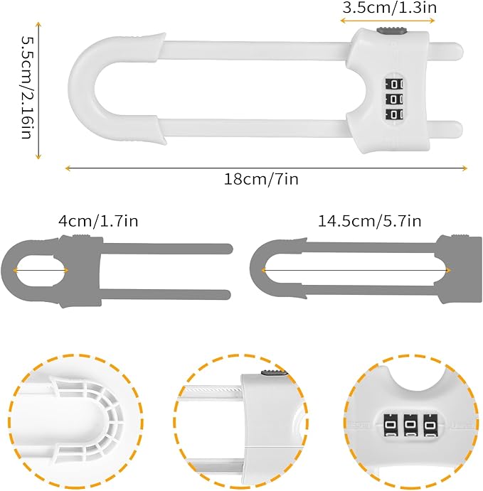 4 Packs Sliding Cabinet Locks, Baby Proofing U-shaped Child Safety Latches Adjustable White Locks For Handles Knobs Drawers - White