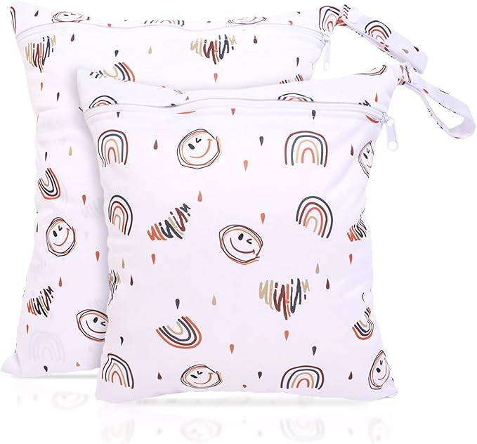 2 Pack Wet Dry Bags Waterproof Washable Travel Bags, Wet Bag with 2 Zippered Pockets for Diapers, Daycare, Bathing, Travel, Beach, Wet Swimwear, Yoga Gym(Rainbow)