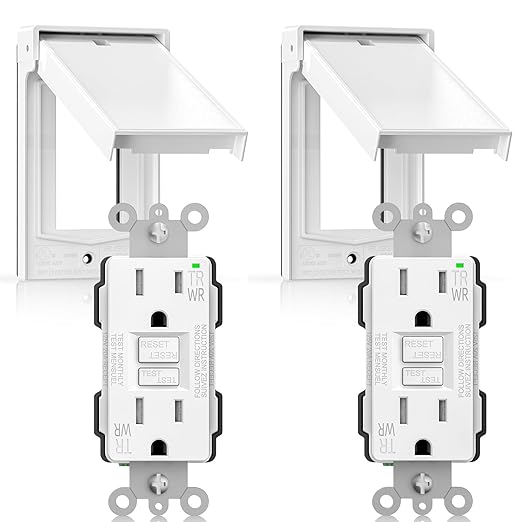 ELEGRP Outdoor GFCI Outlet with Cover, Weather Resistant GFCI Receptacle and Wall Plate, 15 Amp Self-Test GFI Electrical Outlet, Thinner Design Ground Fault Receptacle, UL Listed, Matte White, 2 Pack