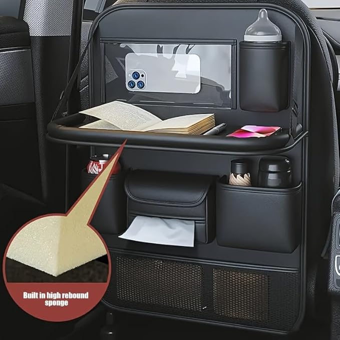 Mautopily Car Backseat Organizer with Foldable Table Tray - Universal Auto Seat Back Organizer with Tablet Holder, Kick Mats Protector, Storage Pockets for SUV Sedan