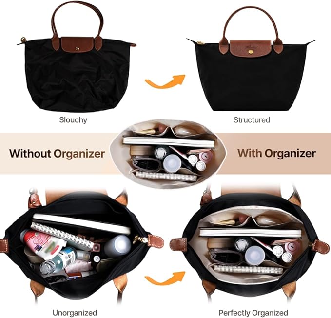 Waterproof Premium Nylon Purse Organizer Insert for Longchamp Le Pliage Tote Bag (Beige, Small)