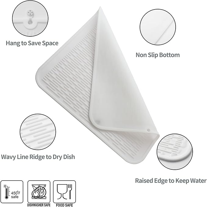 MicoYang Silicone Dish Drying Mat for Multiple Usage,Easy clean,Eco-friendly,Heat-resistant Silicone Mat for Kitchen Counter or Sink,Refrigerator or Drawer Liner White XL 18 inches x 16 inches