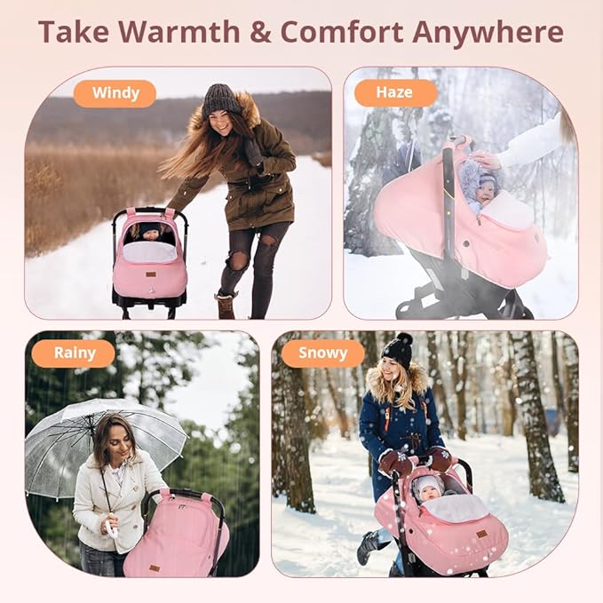 Bioby Winter Baby Car Seat Cover, Infant Car Seat Cover for Boy Girl, Roomy, Cozy, Warm, Waterproof Baby Carseat Covers Canopy with Thickened Fleece Lining, Breathable Hole, Universal Fitted Pink