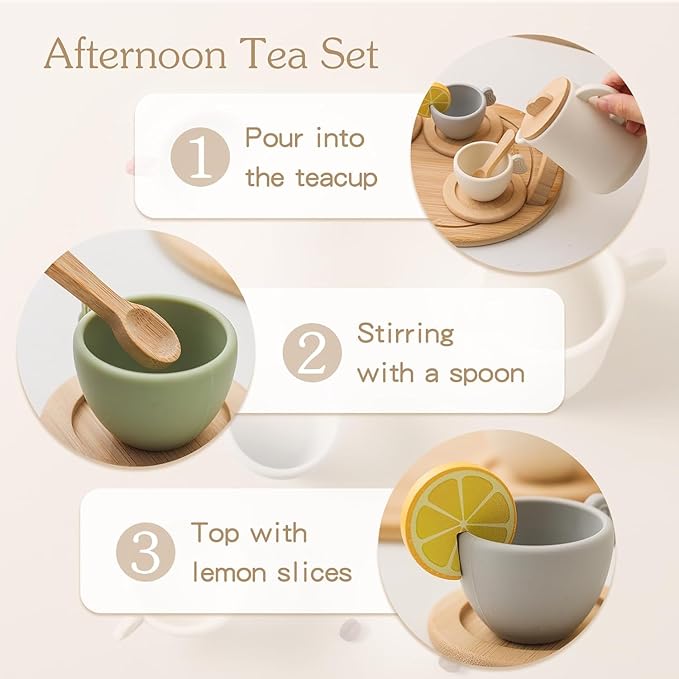Enchanting Wooden Tea Party Set - Silicone Teapot, Cups & Carrying Scoop - Perfect for Little Girls' Tea Party & Kitchen Play - Toddler Gift