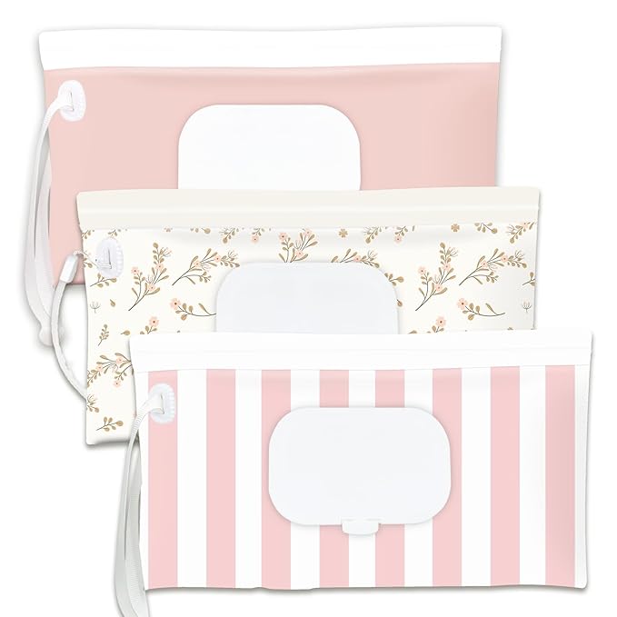 Baby Wipe Holder,Wipe Dispenser, 3-Pack Portable Refillable Wipe Container,Reusable Travel Baby Wipes Case, Waterproof and Dustproof, Wipe Holder for Diaper (Pink)