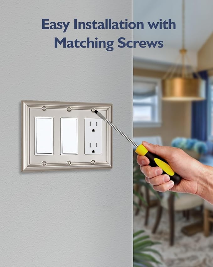 1-Pack Triple Decorator Wall Plate, Metal Electrical Outlet Cover for Receptacles, Dimmer Switches, GFCI Outlets, Satin Nickcel, Midsize, 6.77''*4.88''