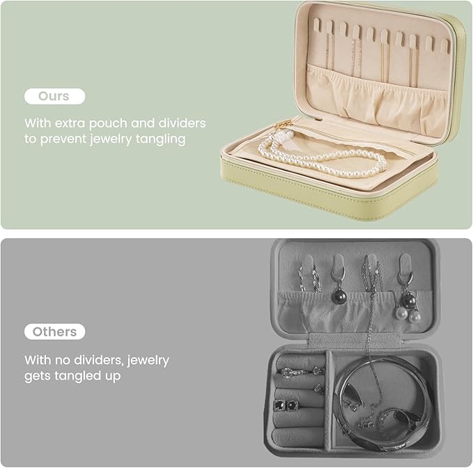 Lolalet Travel Jewelry Case for Women Girls, Travel Jewelry Organizer Box with Mirror & Clear Storage Bag, Small Portable Earring Necklace Bracelet Ring Case, Birthday Valentine Gifts -Medium, Green
