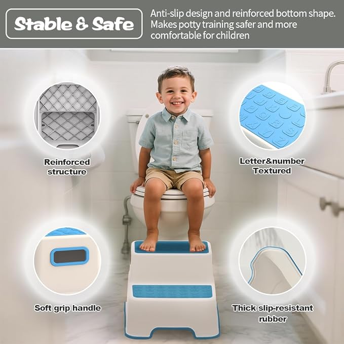 ZLMHYYM Toddler Step Stool for Bathroom Sink, 2 Pack Step Stool for Kids, Plastic Potty Training Toilet Stepping Stools, Child and Baby Lightweight&No-Slip Two Step Stools for Kitchen(Off-White/Blue)