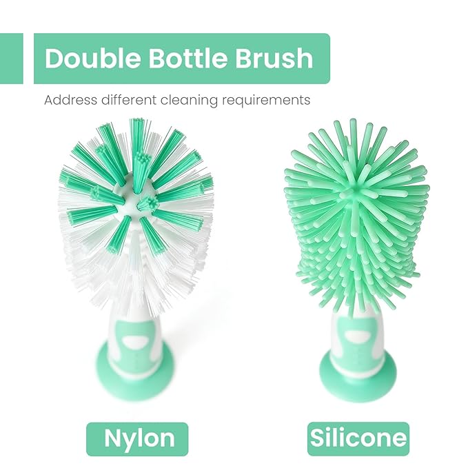 Ariseno 5-in-1 Baby Bottle Brush Set, Bottle Brush for Baby, Bottle Cleaner Brush Set, Including Nylon and Silicone Bottle Brush, Bottle Cap Brush, Straw Brush, Nipple Brush, BPA-Free (Green)