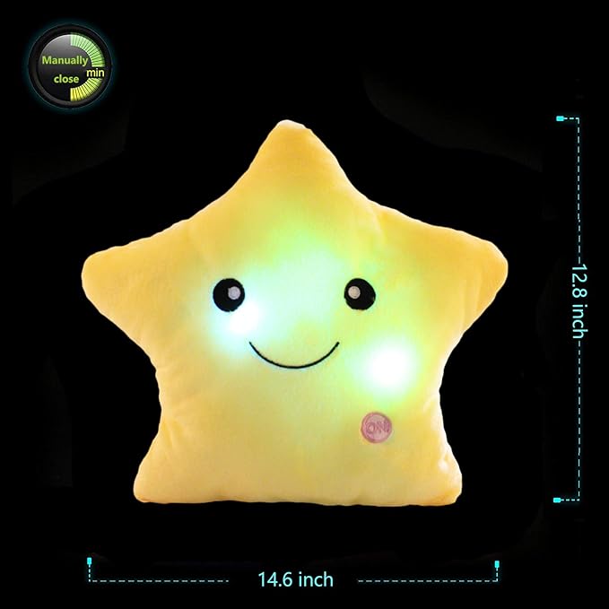 sofipal Creative Twinkle Star Shaped Plush Pillow, LED Night Light Glowing Cushions Plush Stuffed Toys Gifts for Kids, Decoration (Yellow)