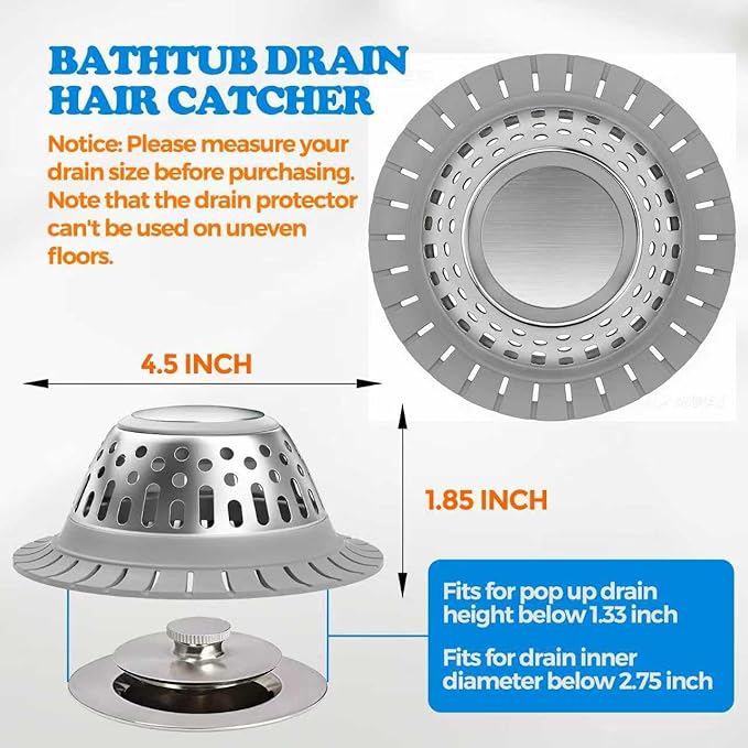 zaa Drain Hair Catcher - Bathtub Drain Cover, Hair Stopper for Bathtub Drain, 304 Stainless Steel Drain Protector and Hair Trap for Flat & Pop-up Drains, Silver Gray