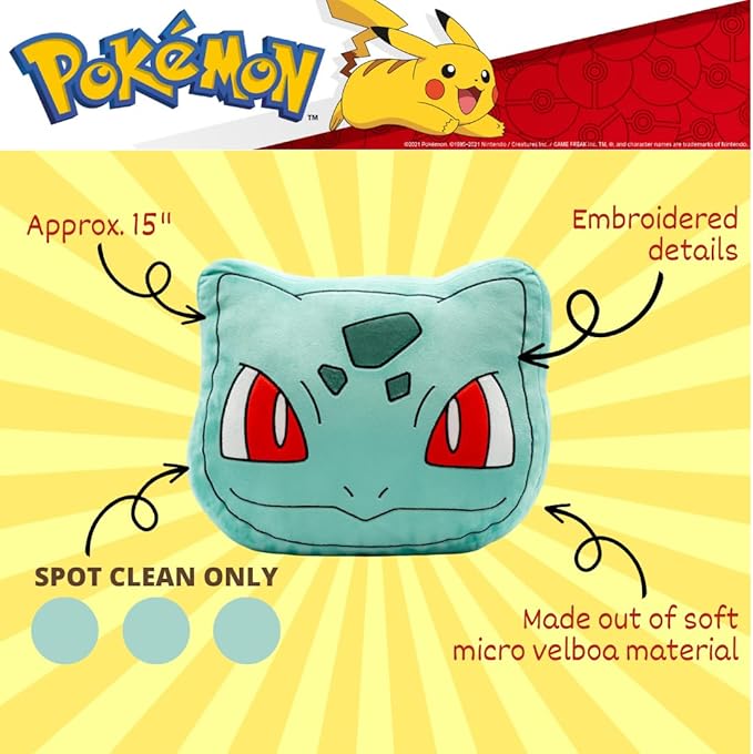 Pokemon Bulbasaur Decorative Plush Pillow – Anime Bedding Accent for Kids – Super Soft, One Size – (Officially Licensed Product) by Franco